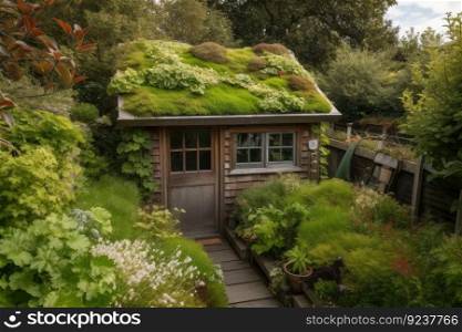 a garden shed with a green roof, surrounded by lush greenery, created with generative ai. a garden shed with a green roof, surrounded by lush greenery