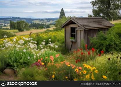a garden shed with a view of rolling hills and colorful wildflowers, created with generative ai. a garden shed with a view of rolling hills and colorful wildflowers