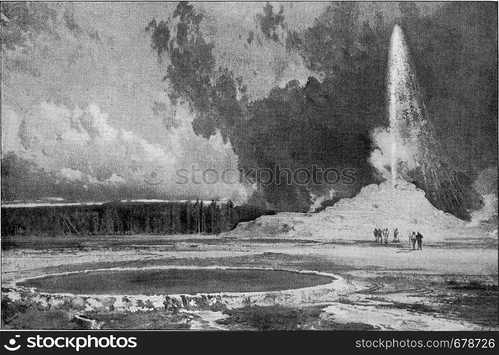 A geyser in Yellowstone Park, vintage engraved illustration. From the Universe and Humanity, 1910.