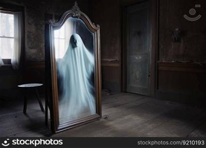 A ghost coming out of an old mirror created with generative AI technology