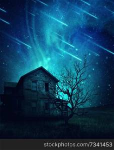 A ghost, haunted house and a scary tree in the meadow below a cold dark blue sky. Spooky landscape with a starry night sky background and fallen comets.