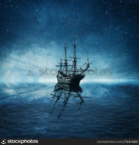 A ghost pirate ship floating on a cold dark blue sea landscape with a starry night sky background and water reflection.