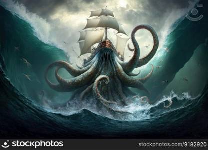 a giant squid rising from the depths of the ocean, its enormous tentacles reaching out to ensnare a ship., created with generative ai. a giant squid rising from the depths of the ocean, its enormous tentacles reaching out to ensnare a ship.