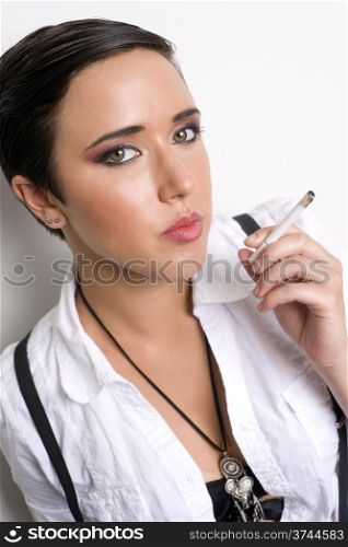 A Girl against white smoking