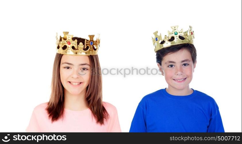 A girl and a boy with golden crowns on their heads isolated on a white background