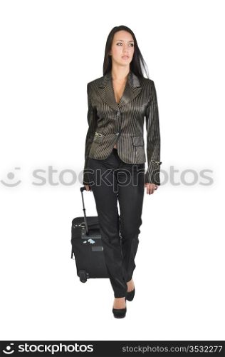 A girl drags a heavy suitcase. Shot on a white background.