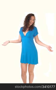 A girl in a blue dress stretching her arms out and standing in the studioasking, what should I do, for white background.