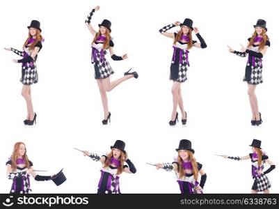 A girl in harlequin costume isolated on white
