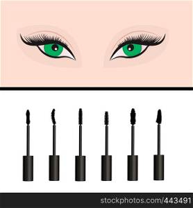 A girl's eyes and types of mascara vector illustration. Set of mascara