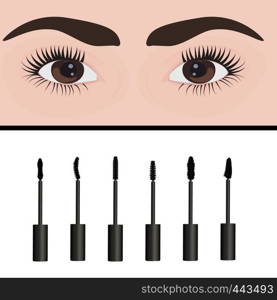 A girl's eyes and types of mascara vector illustration. Set of mascara