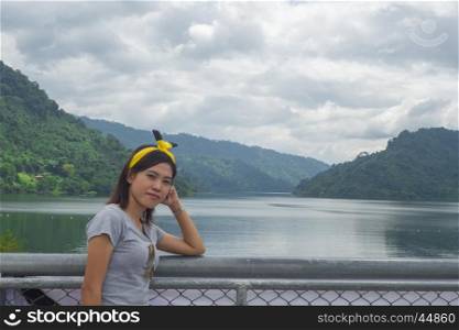 A Girl travel in Khun Dan Prakan Chon Dam, Nakhon Nayok Thailand