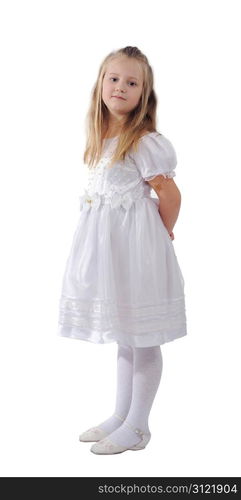 A girl with long blond hair wearing a white dress, isolated on a white background