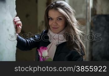 A Girl With Rose At The Wall. RAW HD Video