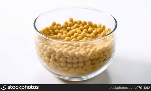 A glass bowl of soya beans or soybean isolated on white.