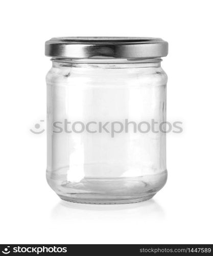 a glass food jars with a silvercap isolated on a gray to white background with clipping path