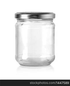 a glass food jars with a silvercap isolated on a gray to white background with clipping path