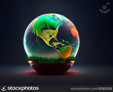A glass globe sitting on top of a wooden base, digital art. Generative AI.