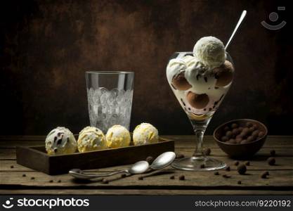 A glass goblet with multi-colored balls of delicious ice cream with an empty takan and ice cream on a dish and pieces of chocolate. Dessert made from milk and exotic fruits. AI generated.. A glass goblet with multi-colored balls of delicious ice cream with an empty takan and ice cream on a dish and pieces of chocolate. AI generated.