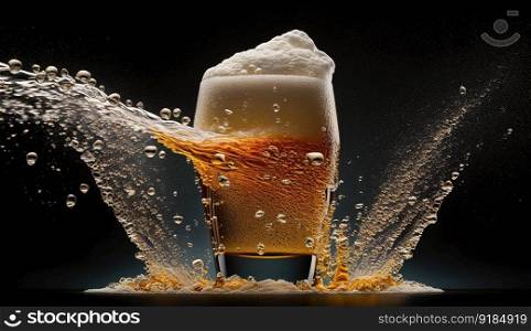 A glass of beer with splashes. Generative AI