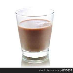 a glass of chocolate milk on white