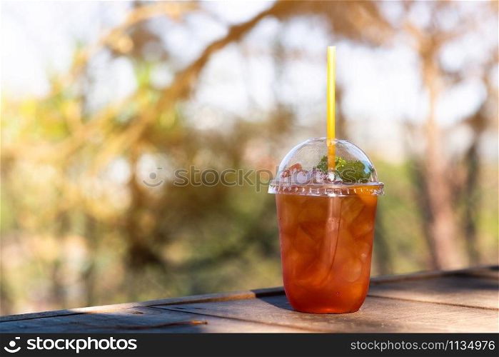 A glass of ice tea in the natural cafe