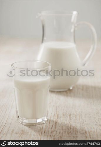 A Glass of milk. Milk jug in the background.