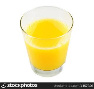 a glass of orange juice on white background