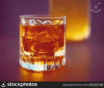 A glass of scotch whiskey alcohol and ice in a transparent glass on a blurred dark background. Leisure drink, place for text. AI generated.. A glass of scotch whiskey alcohol and ice in a transparent glass on a blurred dark background. AI generated.