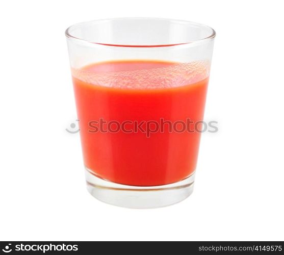 a glass of tomato juice on white background