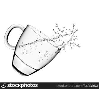 A glass of water and water splahes on white background