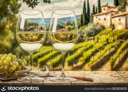 a glass of white wine, ripe grapes on the background of a vineyard. Neural network AI generated art. a glass of white wine, ripe grapes on the background of a vineyard. Neural network AI generated