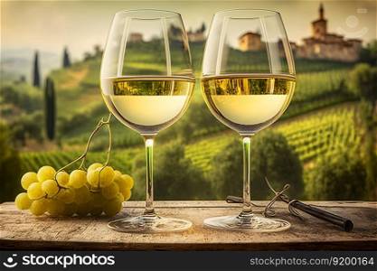 a glass of white wine, ripe grapes on the background of a vineyard. Neural network AI generated art. a glass of white wine, ripe grapes on the background of a vineyard. Neural network AI generated