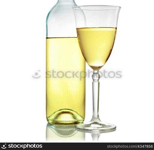 a glass of white wine with bottle