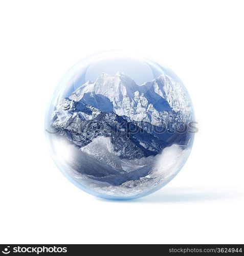 A glass transparent ball with snow high mountains inside it.