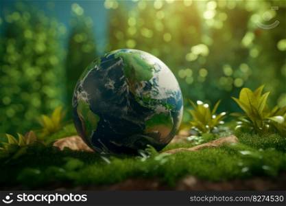 A globe of crystal clear glass cradled by vibrant green moss, a symbol of the symbiotic relationship between technology and the environment. World Environment Day. AI Generative.