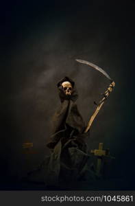 a gloomy cemetery and death standing on it with a scythe in the hood of a scythe on a dark smoky background