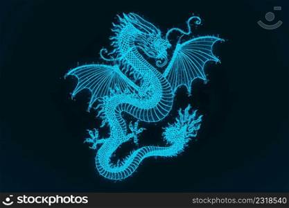 A glowing blue Chinese dragon on a dark blue background 