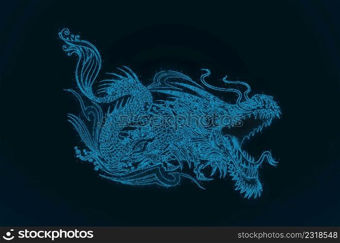 A glowing blue Chinese dragon on a dark blue background