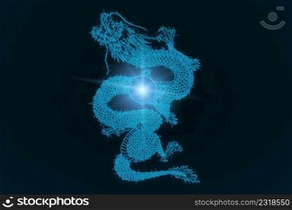 A glowing blue Chinese dragon on a dark blue background 