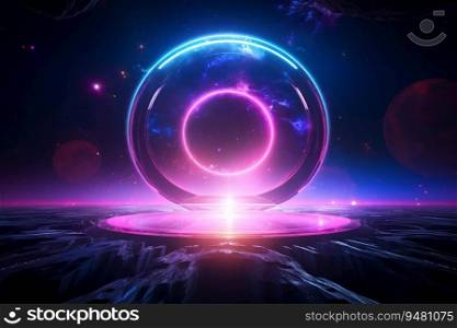 A glowing circle of neon light creates a portal to another dimension. This abstract background is perfect for futuristic, technology, and science fiction designs. Generative AI