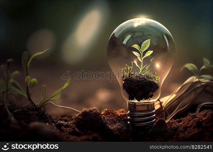 A glowing light bulb surrounded by botanical elements showcases the innovative idea of sustainable energy and minimalistic decoration for a green home. Ai Generative