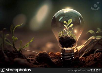 A glowing light bulb surrounded by botanical elements showcases the innovative idea of sustainable energy and minimalistic decoration for a green home. Ai Generative