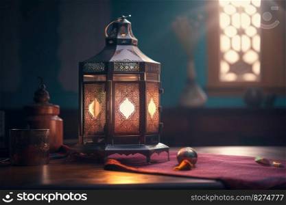 A glowing Ramadan lantern on a simple wooden table in a peaceful room, creating a warm and comforting atmosphere for iftar and Eid celebrations. AI Generative