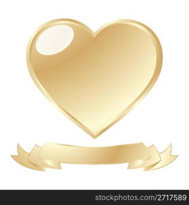 A golden shiny heart and scroll against white background