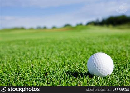 A golf ball sitting on a fairway