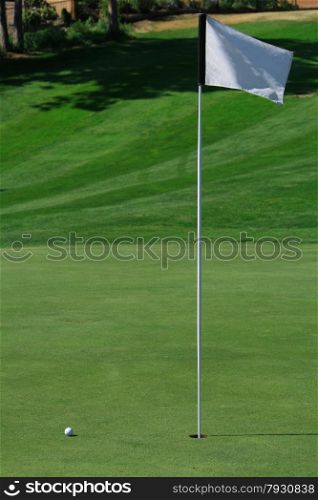 A golf green with a ball closing on the hole