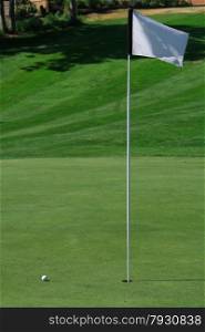 A golf green with a ball closing on the hole