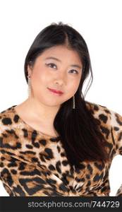 A gorgeous young Chinese woman standing in a leopard colored dress from the back, looking over her shoulder, isolated for white background