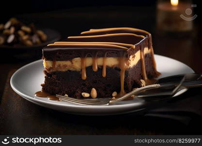 A gourmet peanut butter and chocolate dessert, featuring a rich, chocolate cake, layered with silky, smooth peanut butter, set in an elegant, indulgent atmosphere. Generative AI.