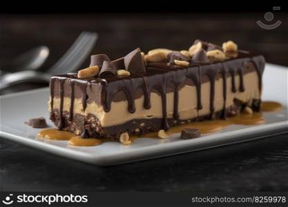 A gourmet peanut butter and chocolate dessert, featuring a rich, chocolate cake, layered with silky, smooth peanut butter, set in an elegant, indulgent atmosphere. Generative AI.
